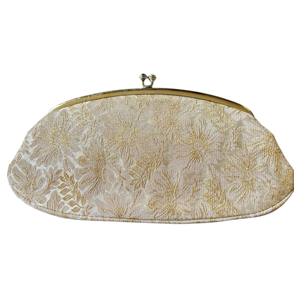 VTG Avon Kadin Gold Shimmer Floral Clutch Handbag Top Snap Satin Lining 10X5”